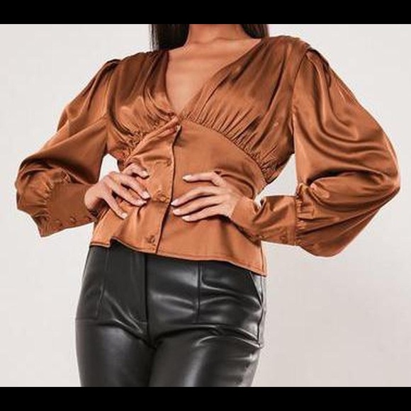 Rust satin covered button ruched shirt - Picture 1 of 1